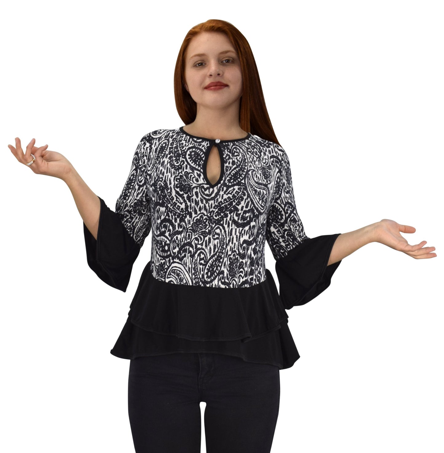Wholesale Bulk Lot: Women's Floral Bell Sleeve Keyhole Blouse Black Paisley Small