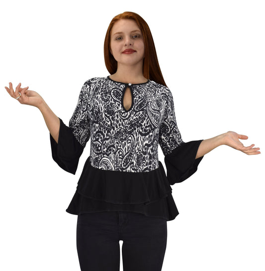 Wholesale Bulk Lot: Women's Floral Bell Sleeve Keyhole Blouse Black Paisley Small