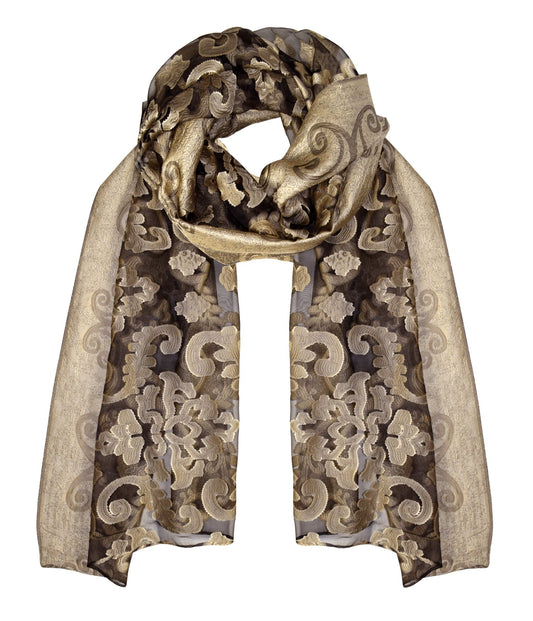 Wholesale Bulk Lot Floral Embroidered Burnout Summer Fashion Scarf Black Gold for Resellers