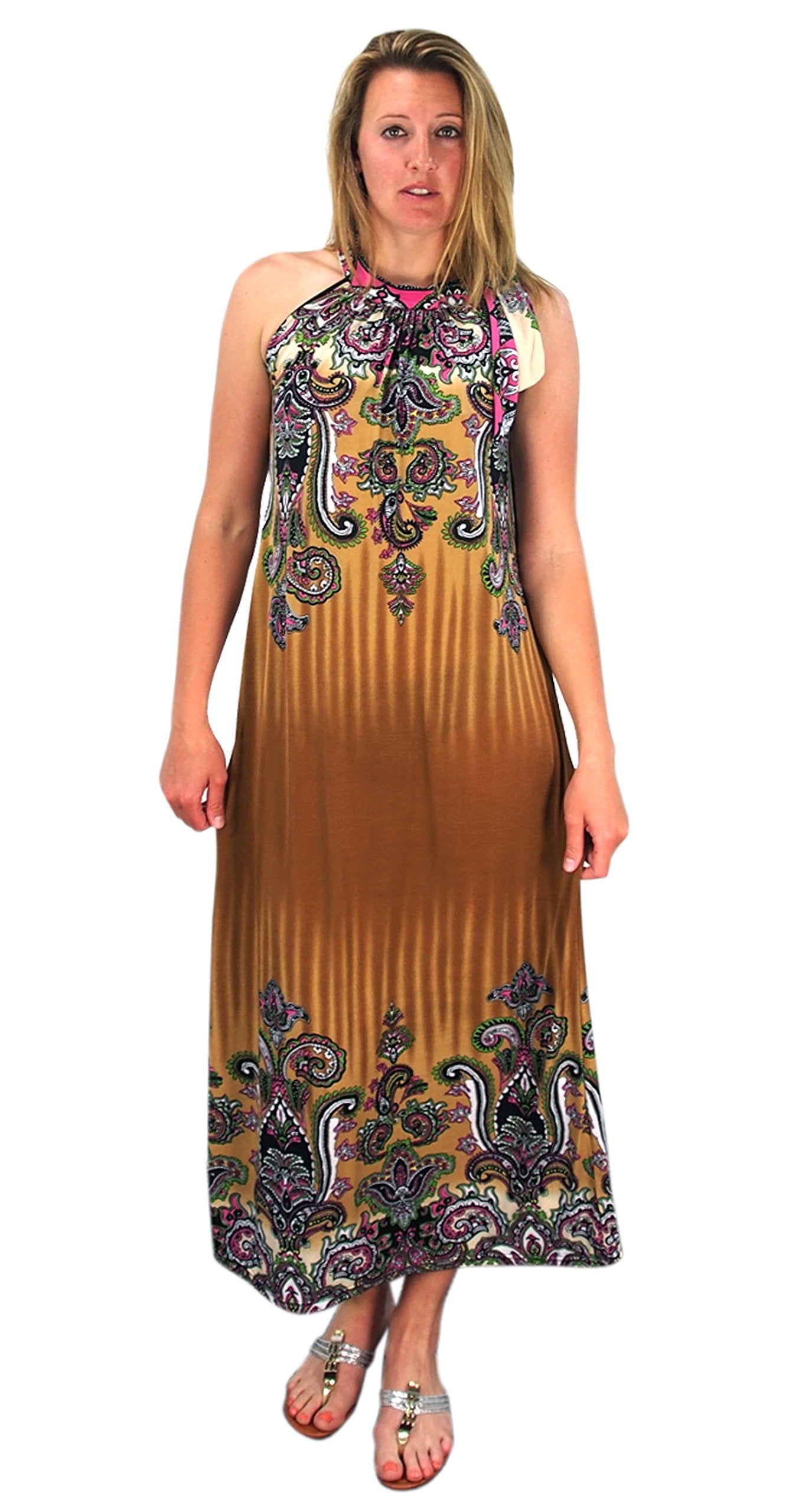 Wholesale Lot: Exotic Paisley Print Plus Size Halter Maxi Dress Beige 1X