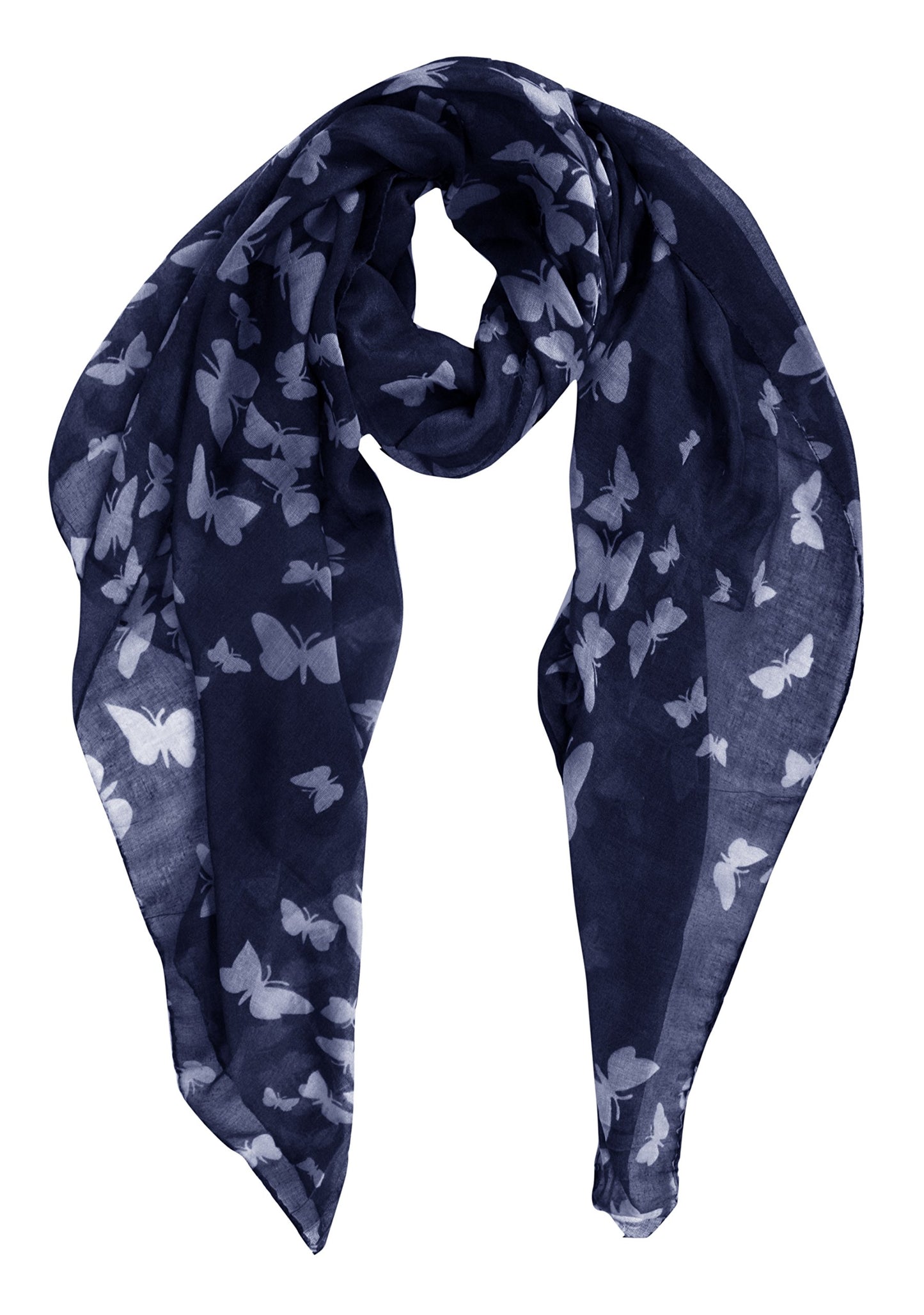 Wholesale Bulk Lot: Navy Blue Butterfly Print Sheer Lightweight Flowy Scarf Shawl for Resellers