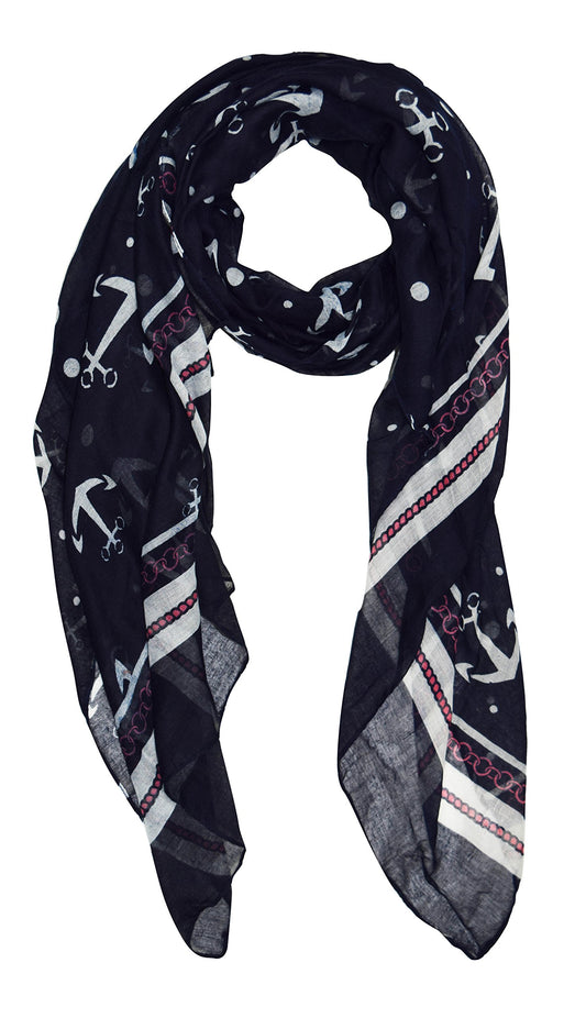 Wholesale Bulk Lot: Sheer Nautical Sailor Anchor Polka Dot Navy Blue Chain Border Scarf Reseller Pack