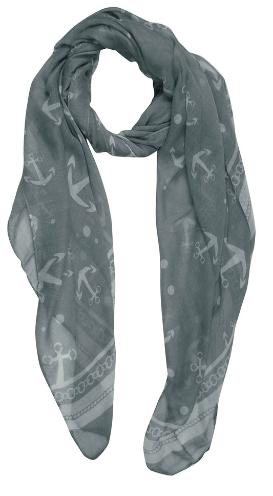 Wholesale Bulk Lot: Grey Sheer Nautical Anchor Print Scarf with Chain Border Reseller Pack