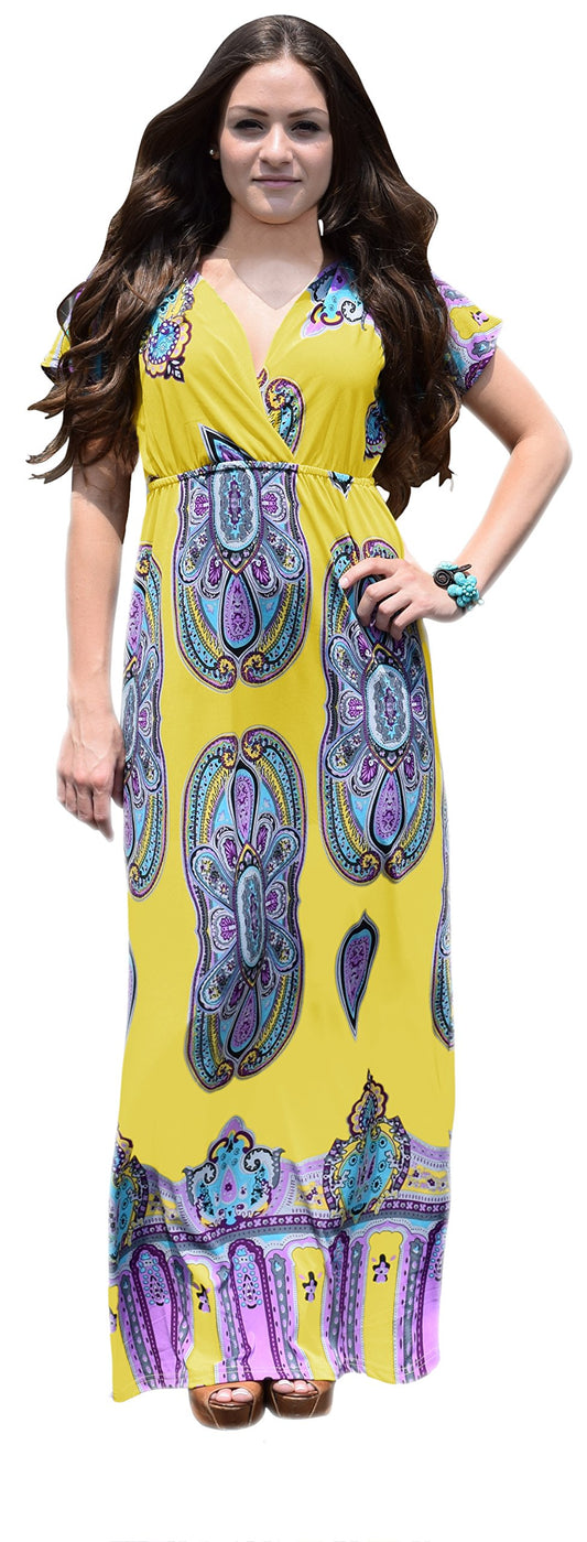 Wholesale Bulk Lot: Yellow Paisley V Neck Short Sleeve Maxi Dress Large