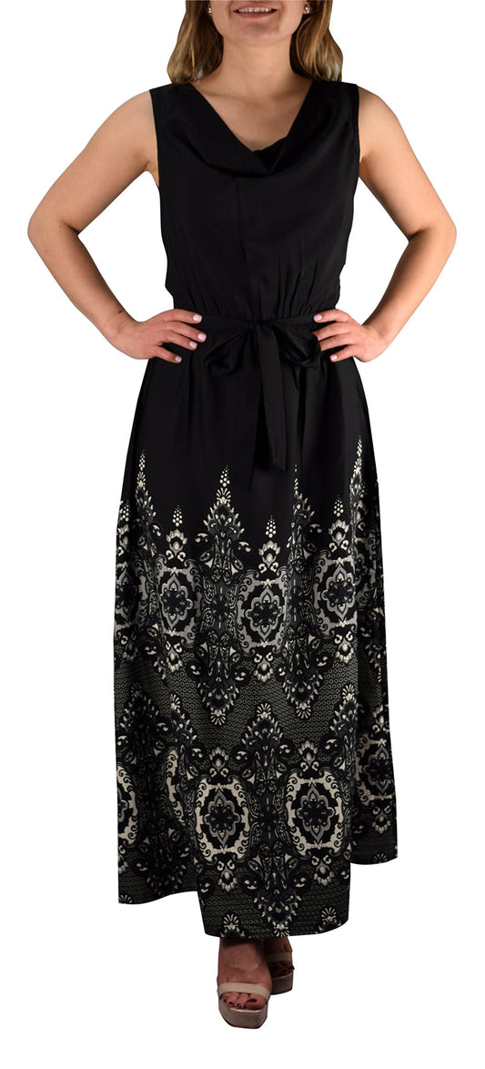 Wholesale Bulk Lot: Cowl Neck Sleeveless Bow Belt Paisley Maxi Dress Black Large