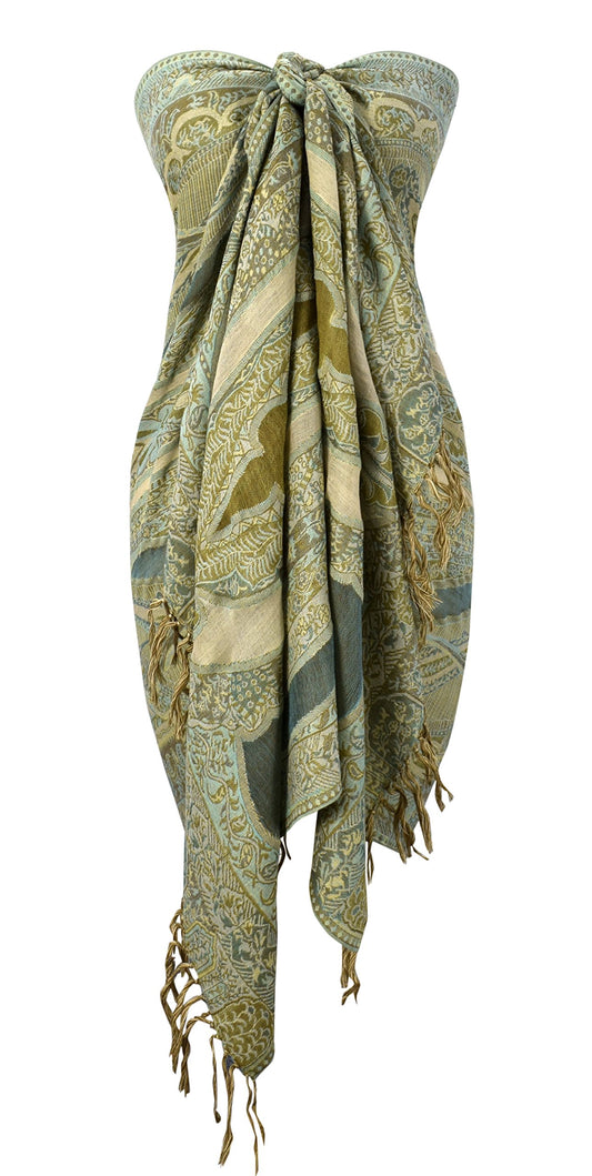 Wholesale Bulk Lot Sheer Handmade Paisley Damask Pashmina Shawl Scarf Teal Olive for Resellers