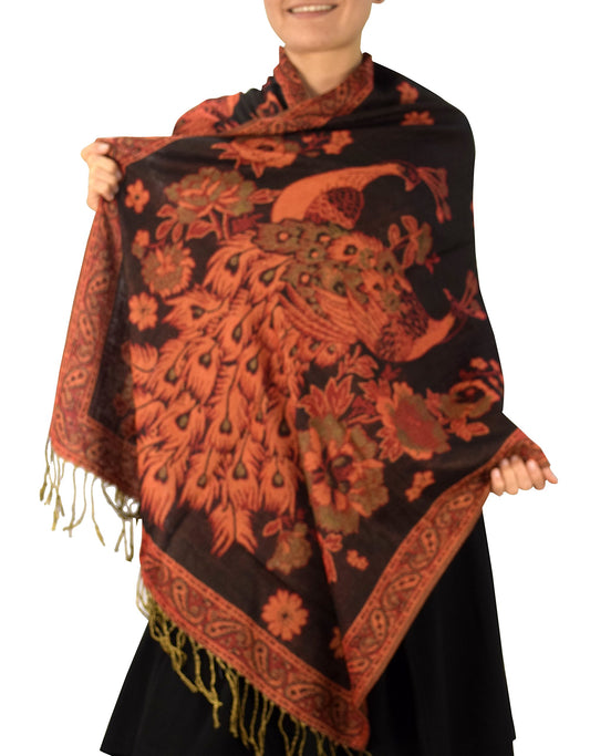 Wholesale Lot Floral Peacock Reversible Shimmer Pashmina Wrap Scarf Black for Reseller Bulk Purchase