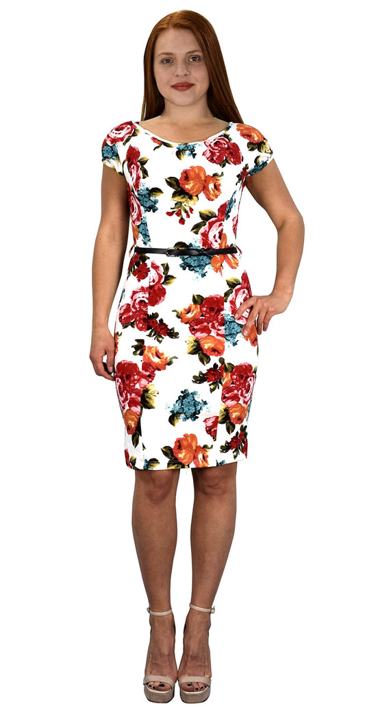 Wholesale Lot: Floral Cap Sleeve Pleated Belted Sheath Dress Size Small