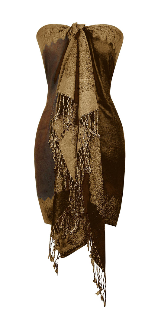 Wholesale Bulk Lot Reversible Paisley Jacquard Pashmina Shawl Wrap Chocolate Tan for Resellers