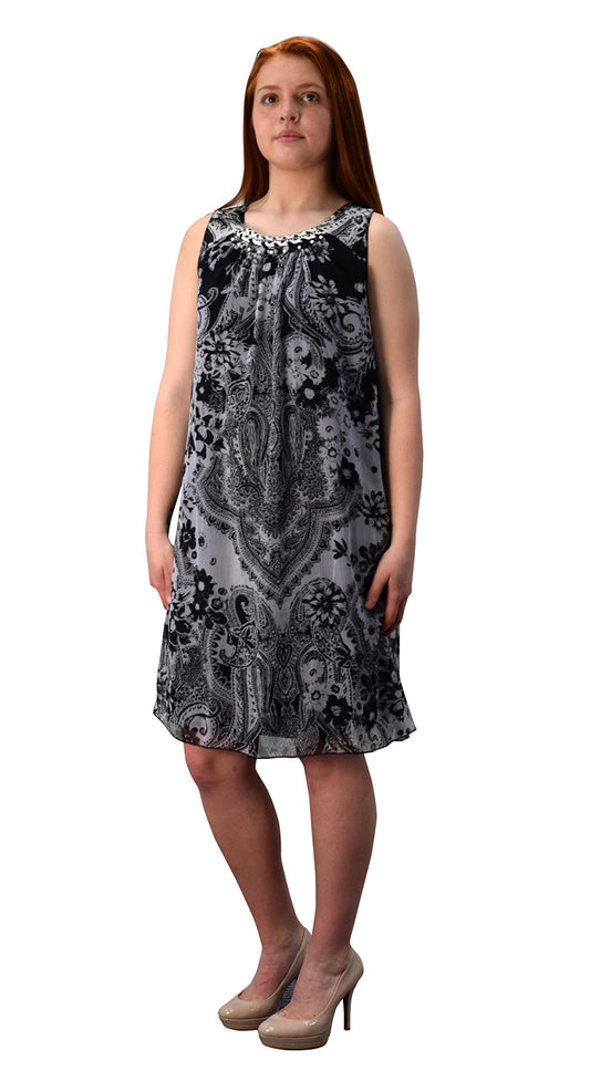 Wholesale Bulk Lot: Paisley Frock Midi Dress Tunic Neck Black White Large