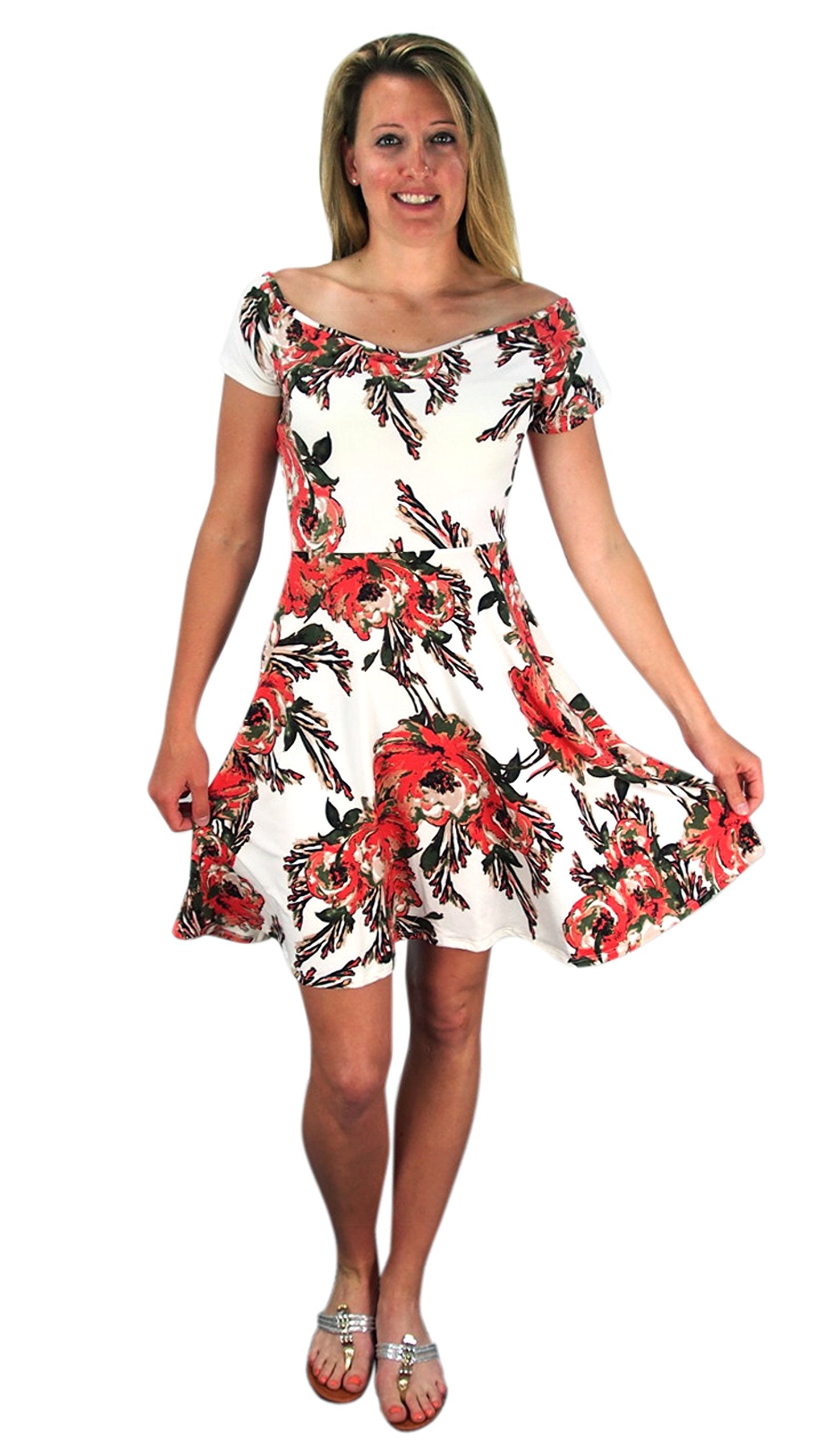 Wholesale Bulk Lot: Floral Print Princess Seam Fit and Flare Skater Dress Ivory M
