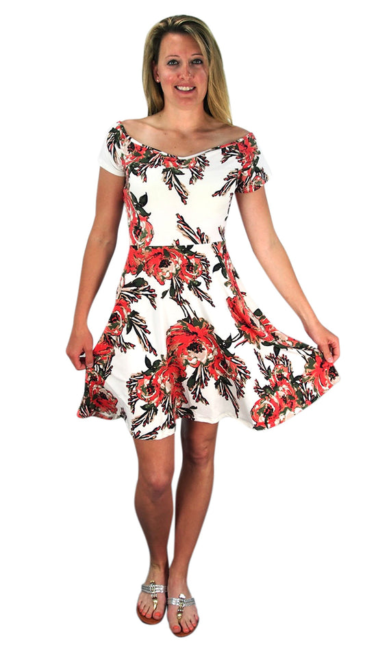 Wholesale Bulk Lot: Floral Print Princess Fit and Flare Cocktail Dress Ivory Large