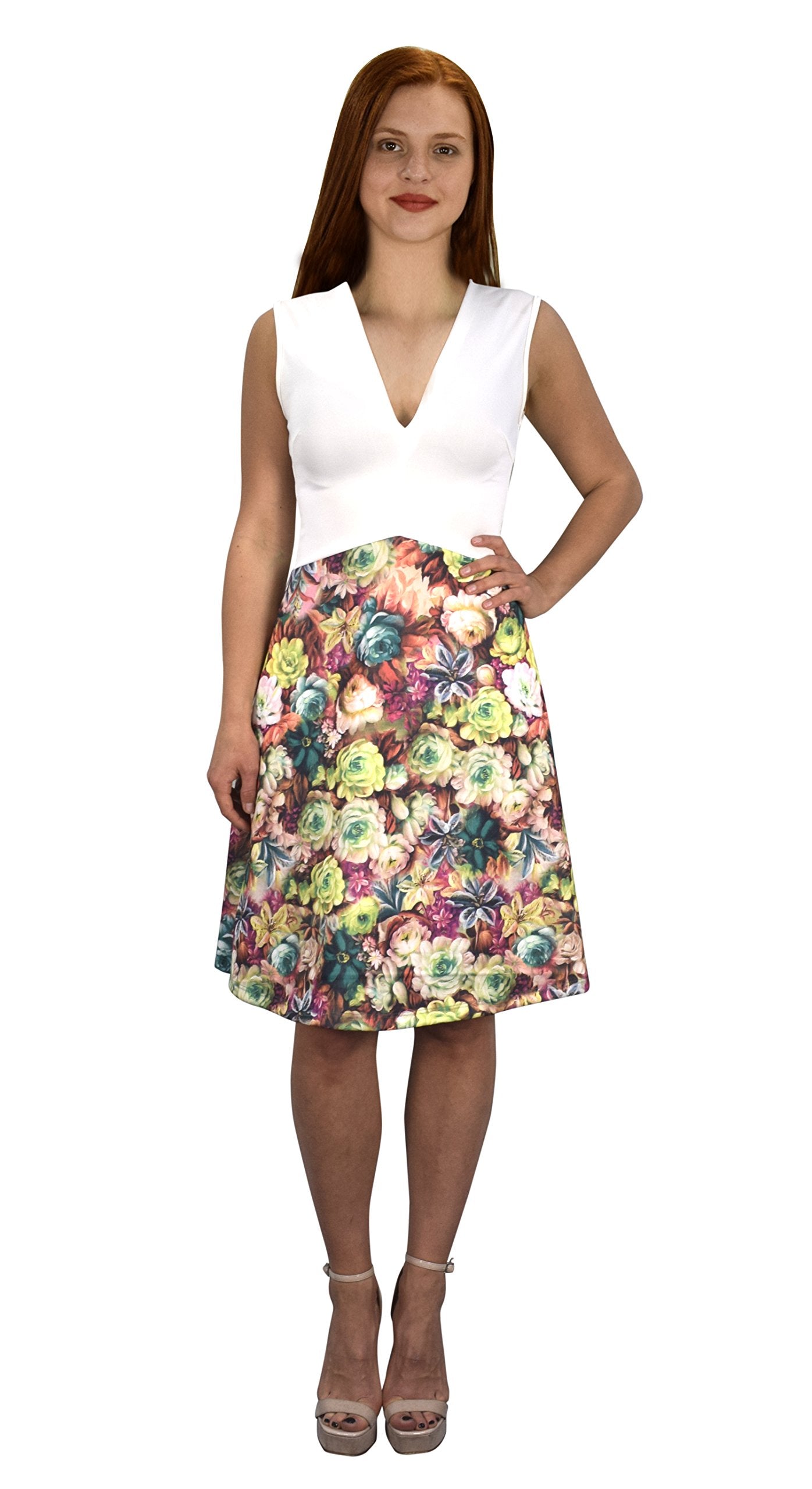 Wholesale Bulk Lot: Women's V-Neck Empire Waist Floral A-Line Dress White Pink XL