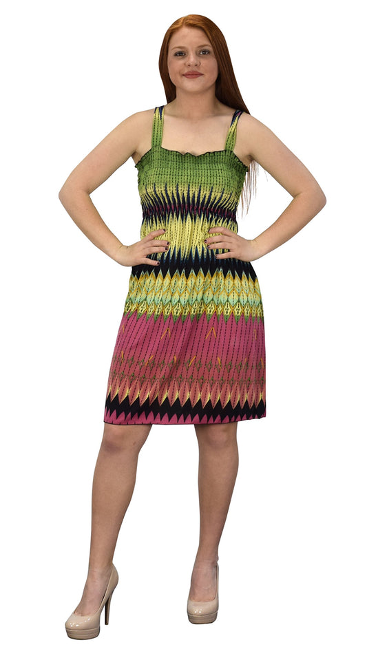 Wholesale Bulk Lot: Women's Exotic Smocked Printed Summer Dress Geo Yellow Pink L