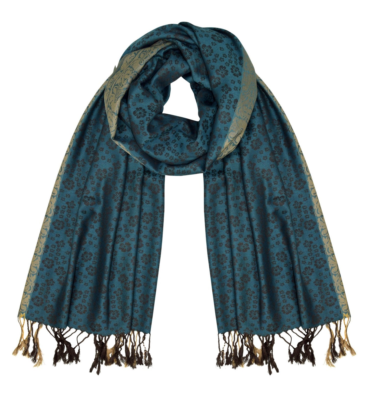 Wholesale Bulk Lot Elegant Floral Pashmina Wrap Shawl Scarf Teal Gold for Resellers