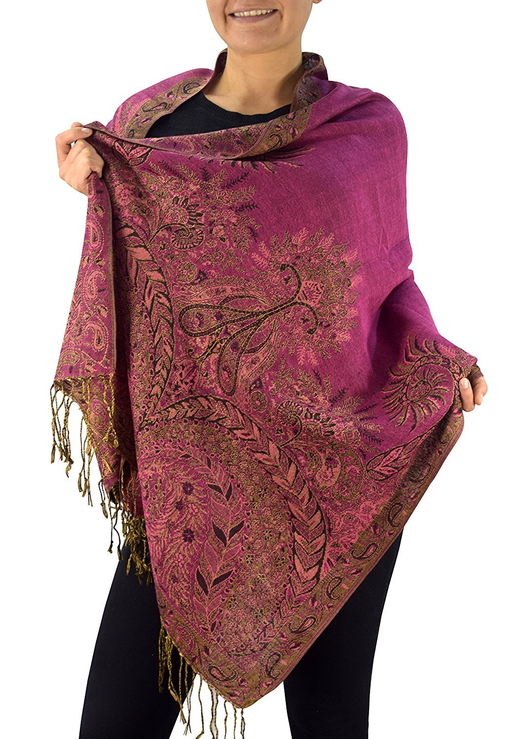 Wholesale Bulk Lot Fuchsia Paisley Border Pashmina Shawl 27x72 Scarf for Resellers