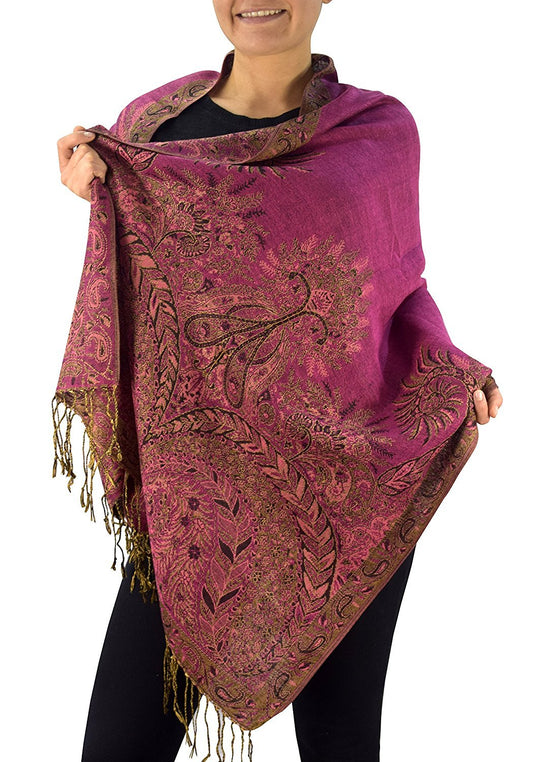 Wholesale Bulk Lot Fuchsia Paisley Border Pashmina Shawl 27x72 Scarf for Resellers