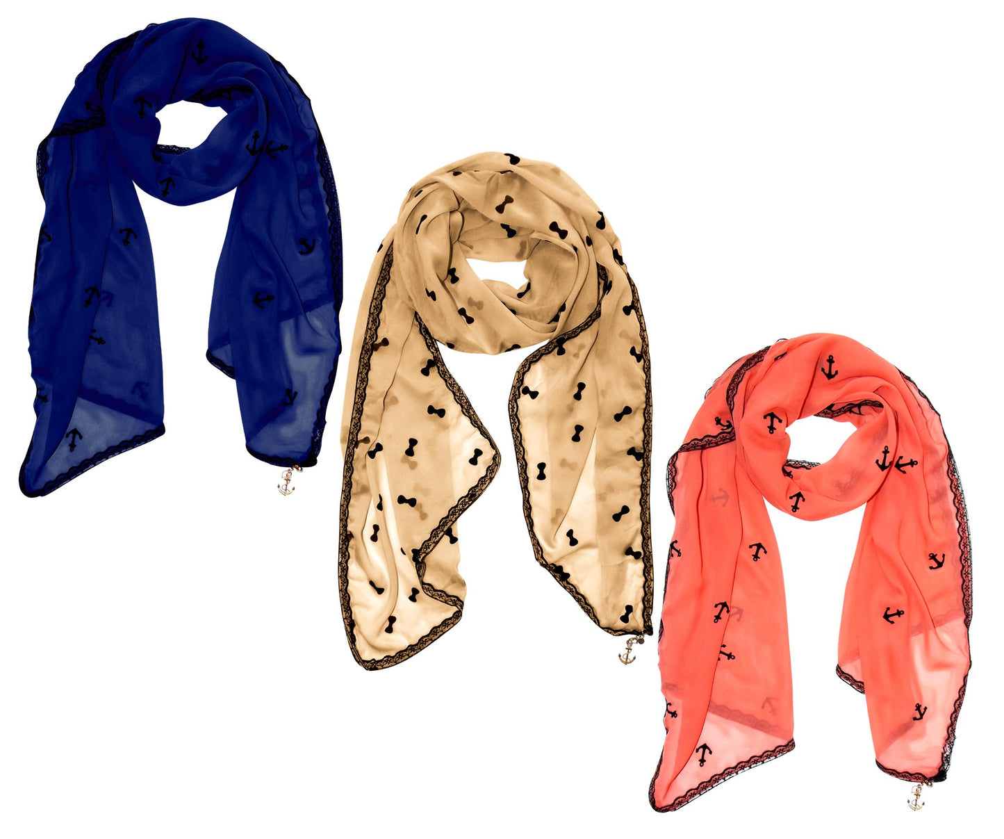 Wholesale Bulk Lot: Nautical Anchor Lace Trim Chiffon Scarf 3pk Coral Taupe Royal Blue for Resellers