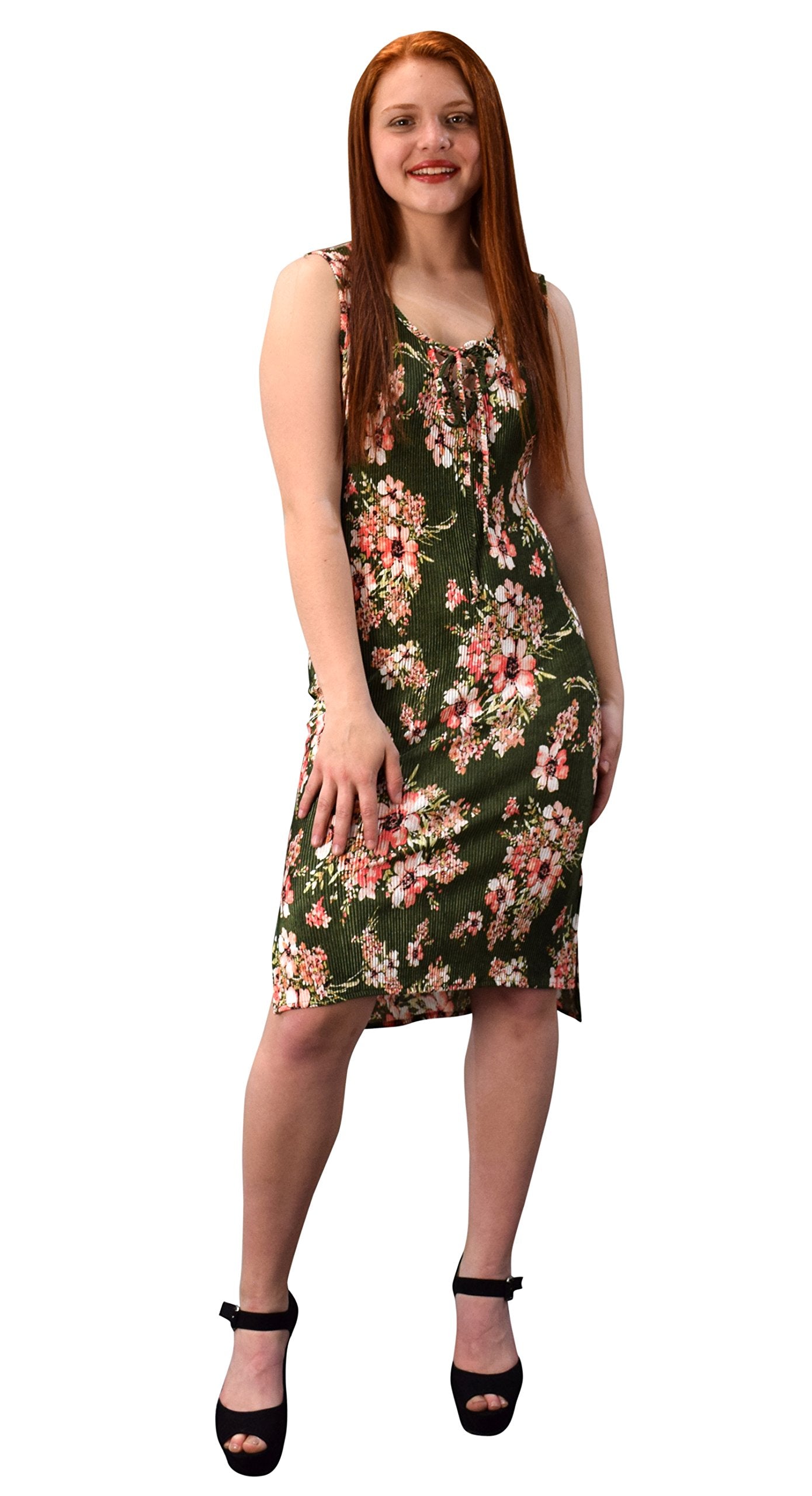 Wholesale Bulk Lot: Women's Floral Sleeveless Pleat Bodycon Dress Olive Large
