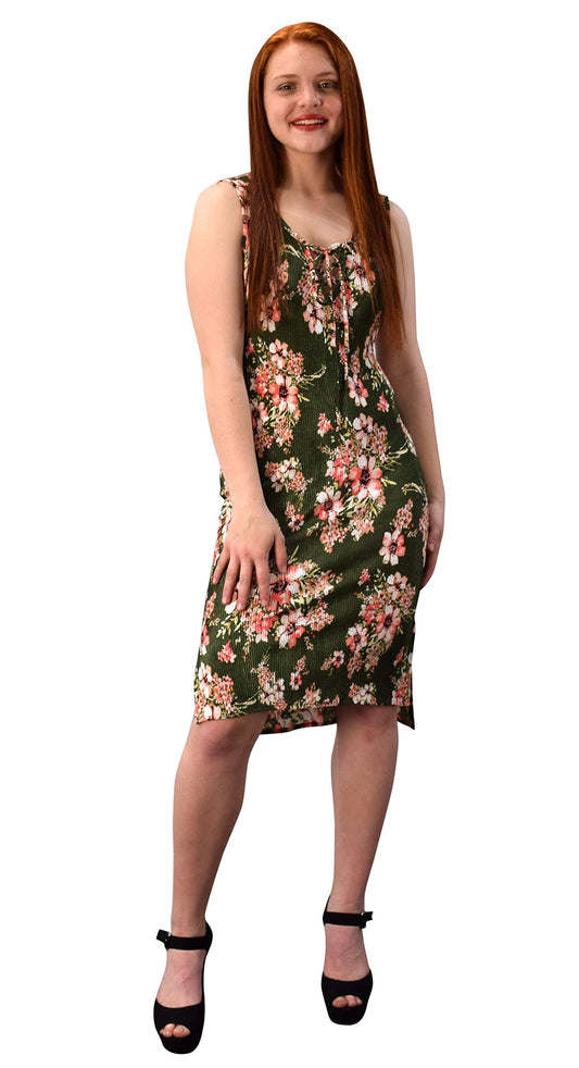 Wholesale Bulk Lot: Women's Floral Sleeveless Pleat Bodycon Dress Olive Medium