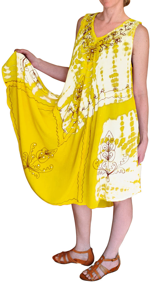 Wholesale Lot: Yellow Tie Dye Embroidered Gem Cover Up Beach Dress One Size