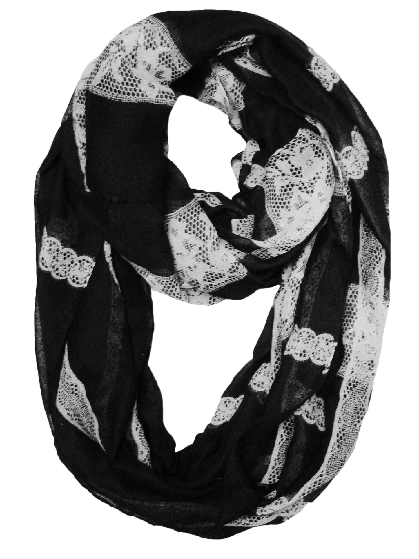 Wholesale Bulk Lot: Vintage Lace Floral Print Infinity Loop Scarf Black Reseller Pack