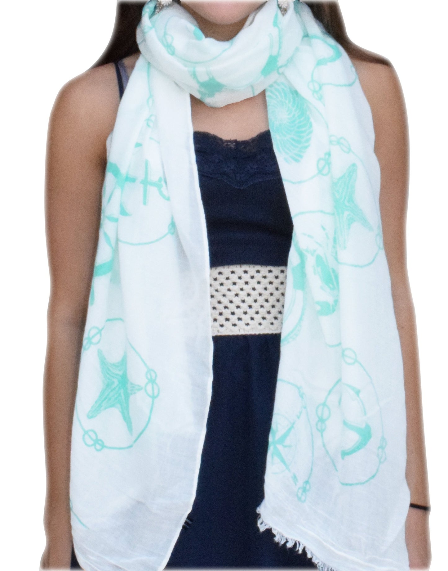 Wholesale Bulk Lot: Nautical Shell Seahorse Mint Circle Fringe Scarf Shawl for Resellers