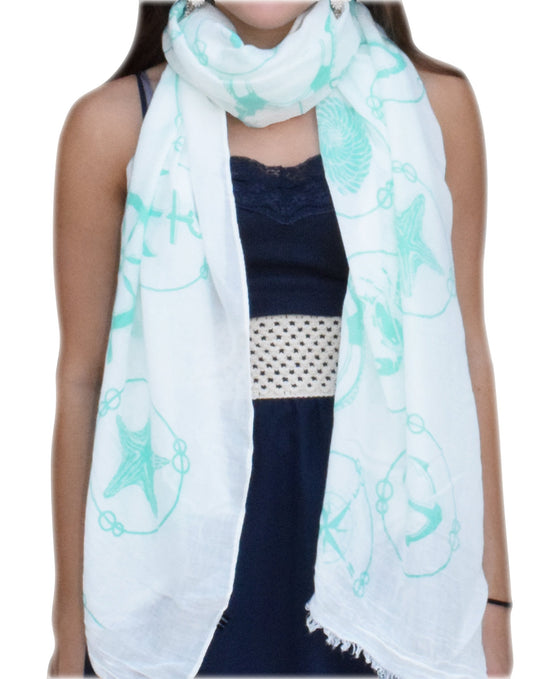 Wholesale Bulk Lot: Nautical Shell Seahorse Mint Circle Fringe Scarf Shawl for Resellers