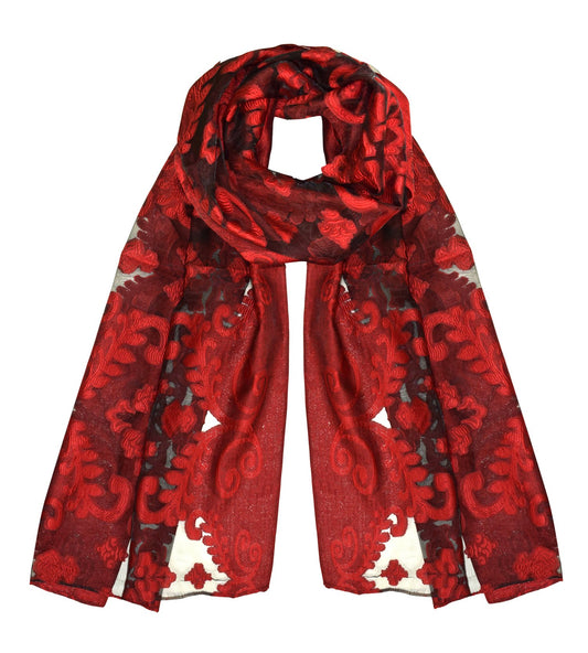 Wholesale Bulk Lot Floral Embroidered Burnout Summer Fashion Scarf Red Black for Resellers