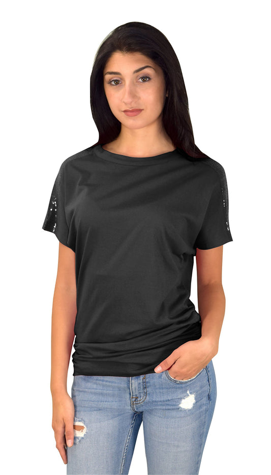 Wholesale Bulk Lot: Women's Dolman Sleeve Sequin Shoulder Top Black X-Large