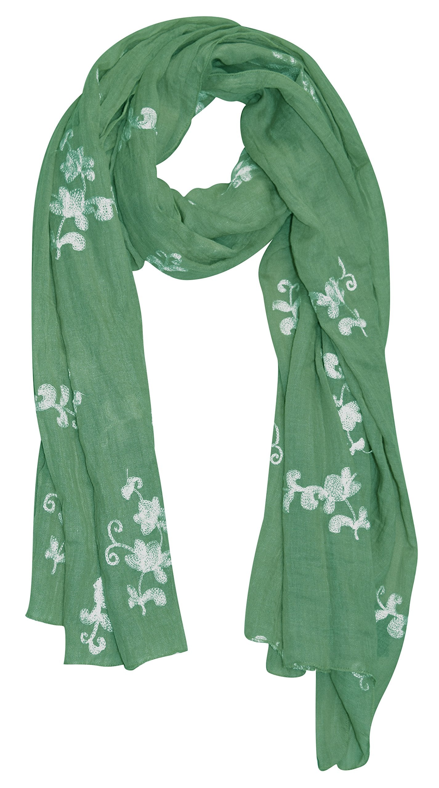 Wholesale Bulk Lot: Intricate Floral Pansy Embroidered Lightweight Mint Summer Scarf Reseller Pack