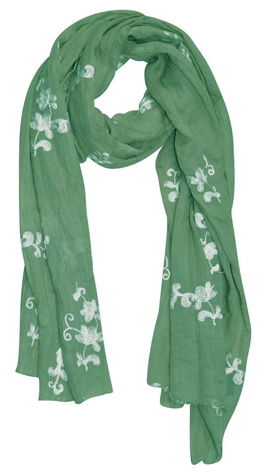 Wholesale Bulk Lot: Intricate Floral Pansy Embroidered Lightweight Mint Summer Scarf Reseller Pack