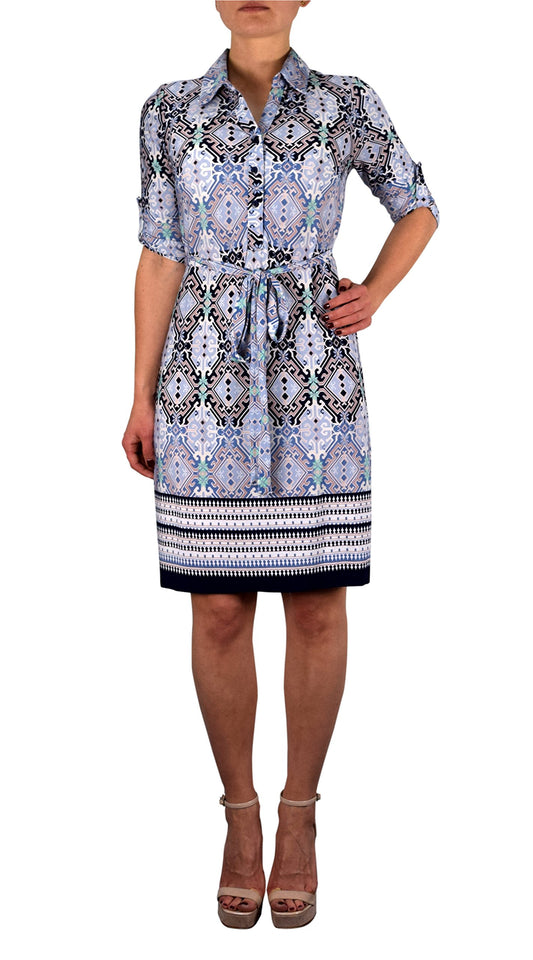 Wholesale Bulk Lot: Blue Kaleidoscope V Neck 3/4 Sleeve Tie Waist Dress Small