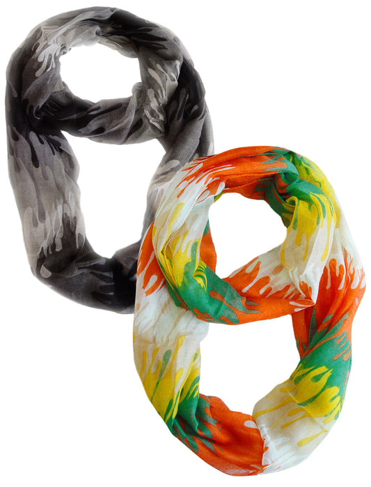 Wholesale Bulk Lot: Abstract Multicolor Paint Design Infinity Loop Scarf Reseller Pack Black Orange