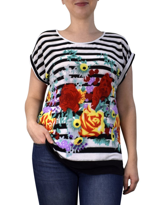 Wholesale Bulk Lot: Boho Floral Print Casual Summer Blouse, Onyx, Large