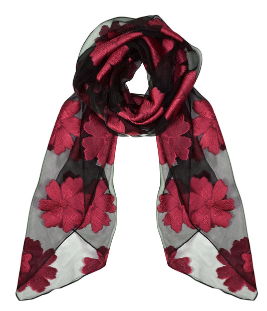 Wholesale Lot: Floral Embroidered Burnout Lightweight Summer Scarf Black Red Reseller Pack
