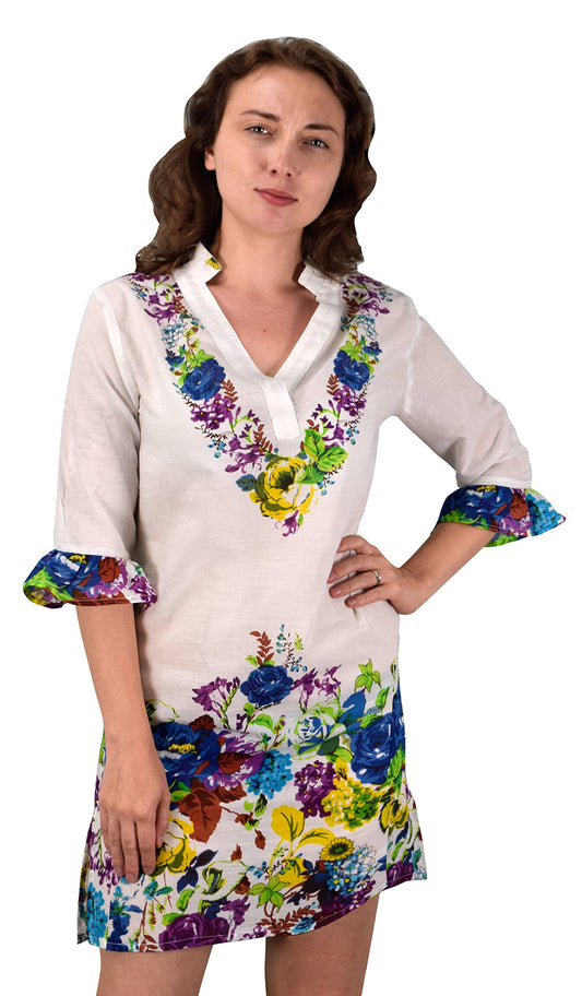 Wholesale Bulk Lot: Blue Cotton Floral Embroidered Vintage Petite Tunic Coverup