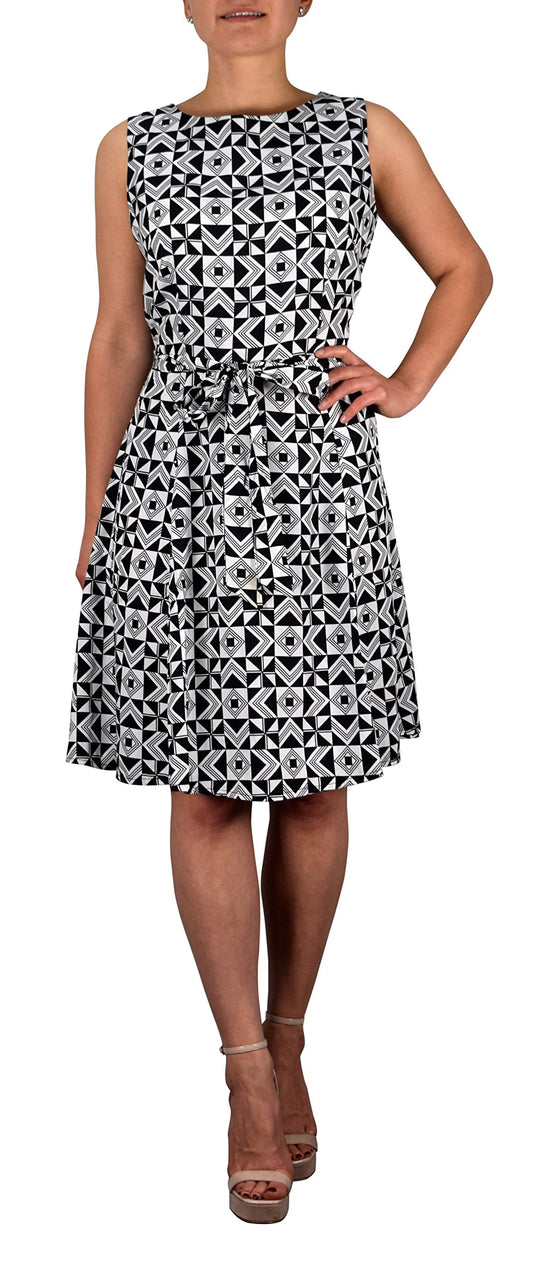 Wholesale Bulk Lot: Silky Retro A Line Belted Dress Geometric Black White Large