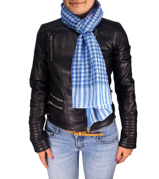 Wholesale Bulk Lot: Blue Checkered Plaid Crinkled Cotton Scarf Unisex Reseller Pack