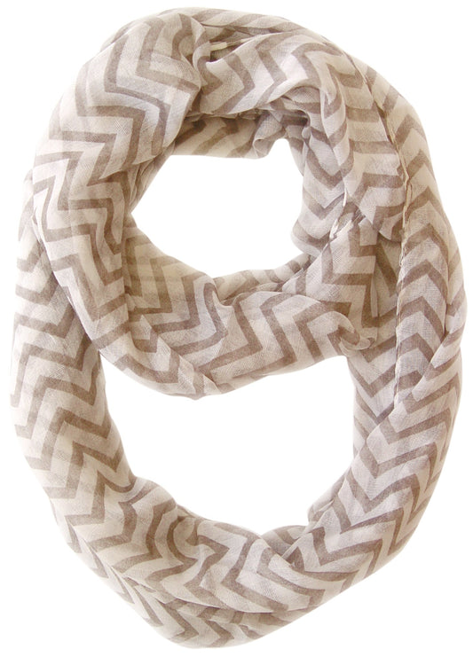 Wholesale Bulk Lot: Classic Sheer Chevron Infinity Loop Scarf Brown White Reseller Pack