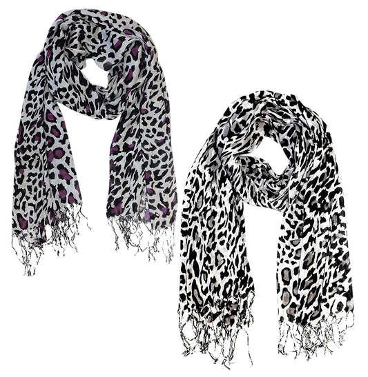 Wholesale Bulk Lot: Leopard Print Silky Pashmina Shawl Scarf Reseller Pack - Wine Purple Grey