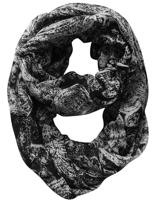 Wholesale Bulk Lot: Graphic Sunflower & Paisley Print Lightweight Infinity Loop Scarf Black Reseller