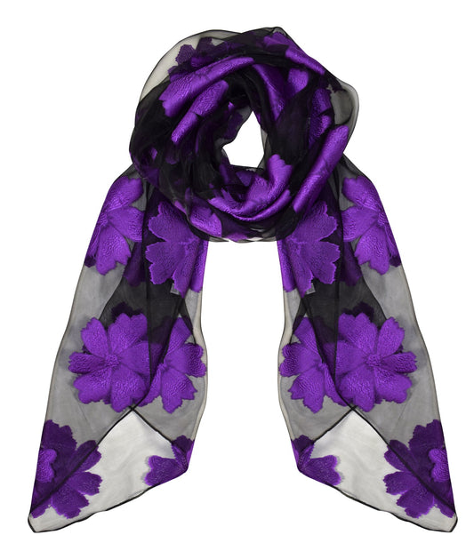 Wholesale Bulk Lot Floral Embroidered Burnout Lightweight Summer Scarf Black Purple Reseller Pack