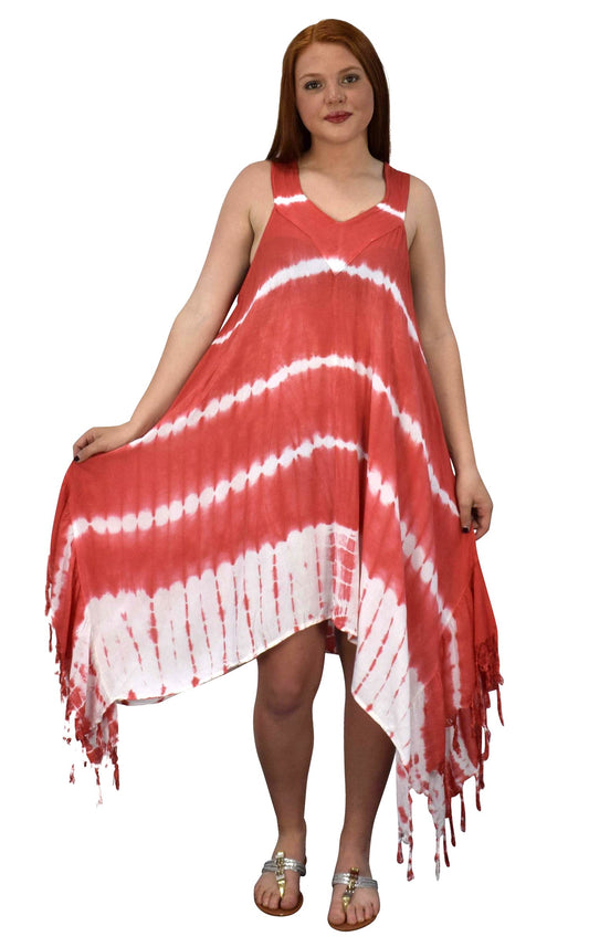 Wholesale Bulk Lot: Women's Batik Tie Dye Asymmetric Hem Caftan Tank Dress Coral