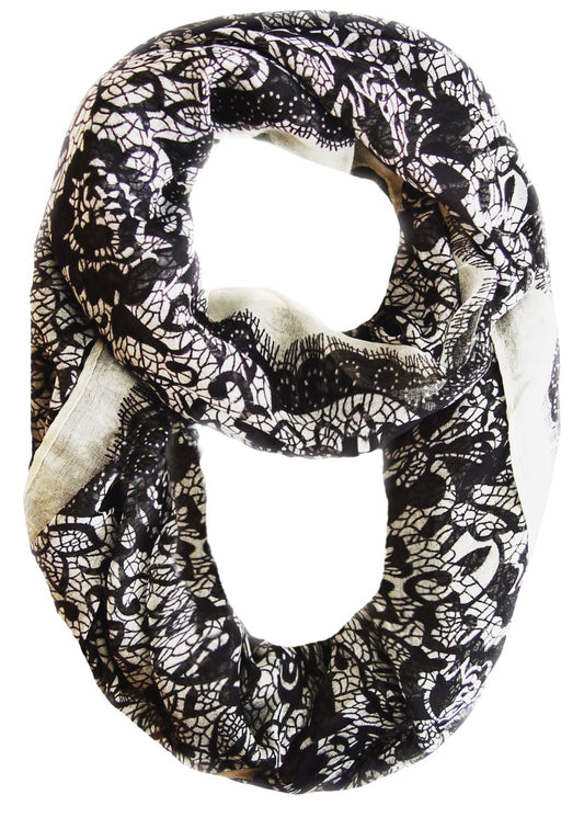 Wholesale Bulk Lot: Tropical Hawaiian Hibiscus & Lace Infinity Loop Scarf Black/White Reseller Pack