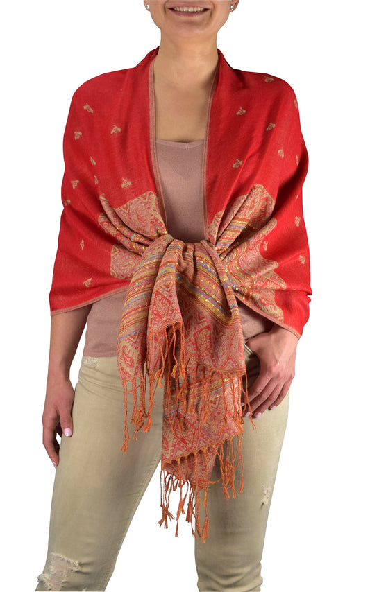 Wholesale Bulk Lot Ethnic Design Tribal Border Reversible Bohemian Pashmina Shawl Red for Resellers