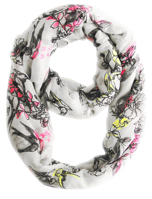 Wholesale Bulk Lot: Red Cherry Blossom Floral Print Infinity Loop Scarf Bright White Reseller Pack