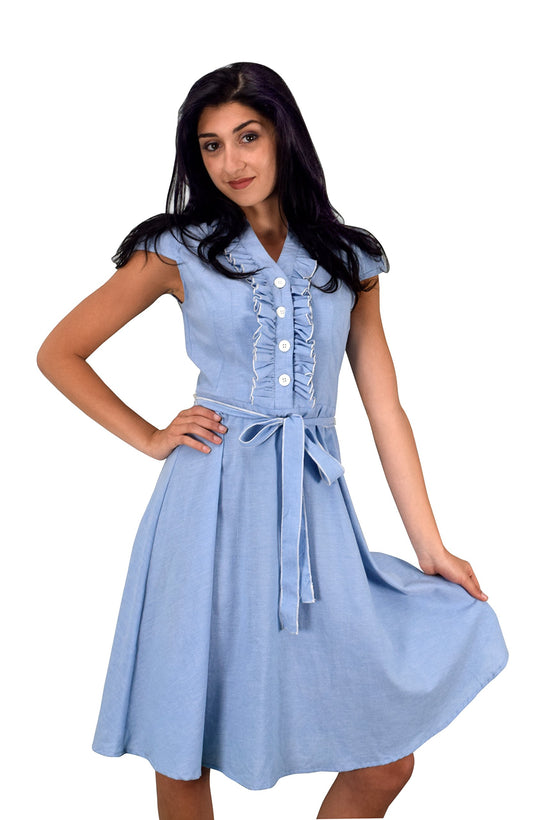 Wholesale Bulk Lot: Cotton Ruffle Neck Tie Cap Sleeve Knee Sundress SkyBlue Large