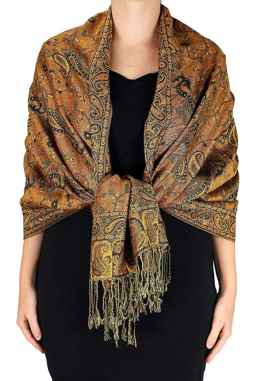 Wholesale Bulk Lot Reversible Paisley Pashmina Shawl Double Layer Pumpkin Scarf for Resellers