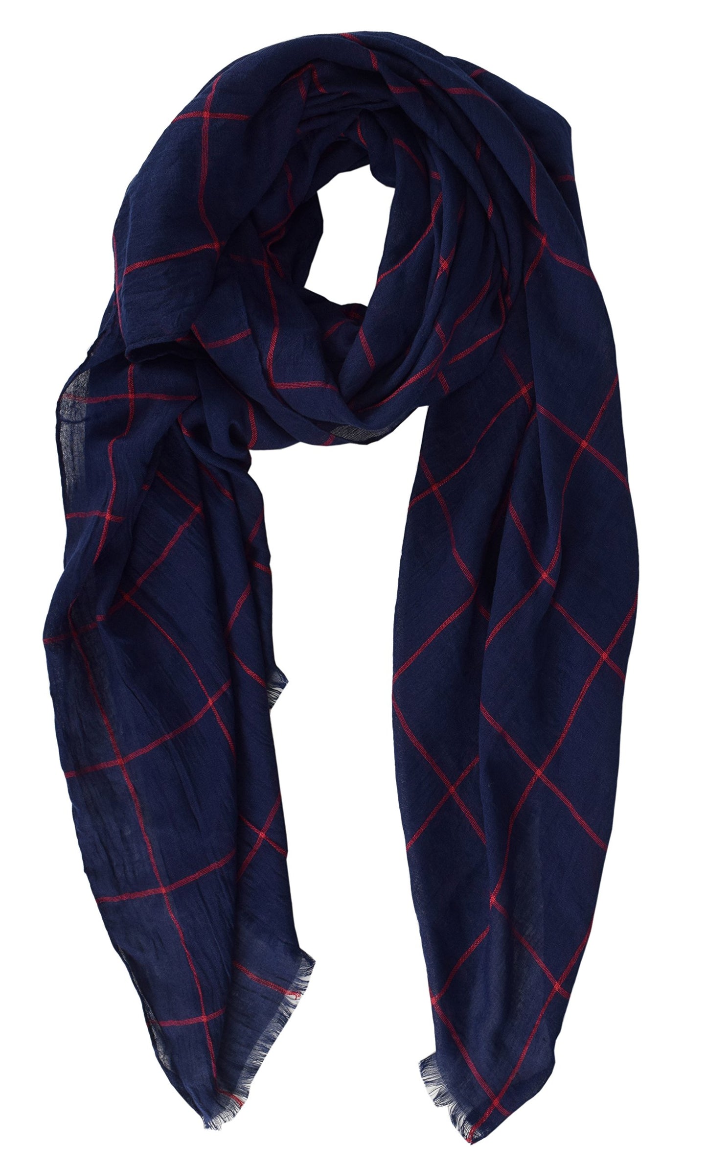 Wholesale Bulk Lot: Plaid Checkered Navy Blue Scarf with Eyelash Fringe Beach Wrap for Resellers